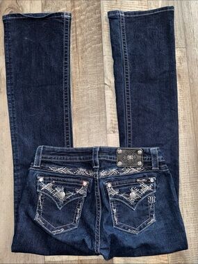 Miss Me Dark Blue Embroidered Rhinestone Bootcut Jeans-size 28